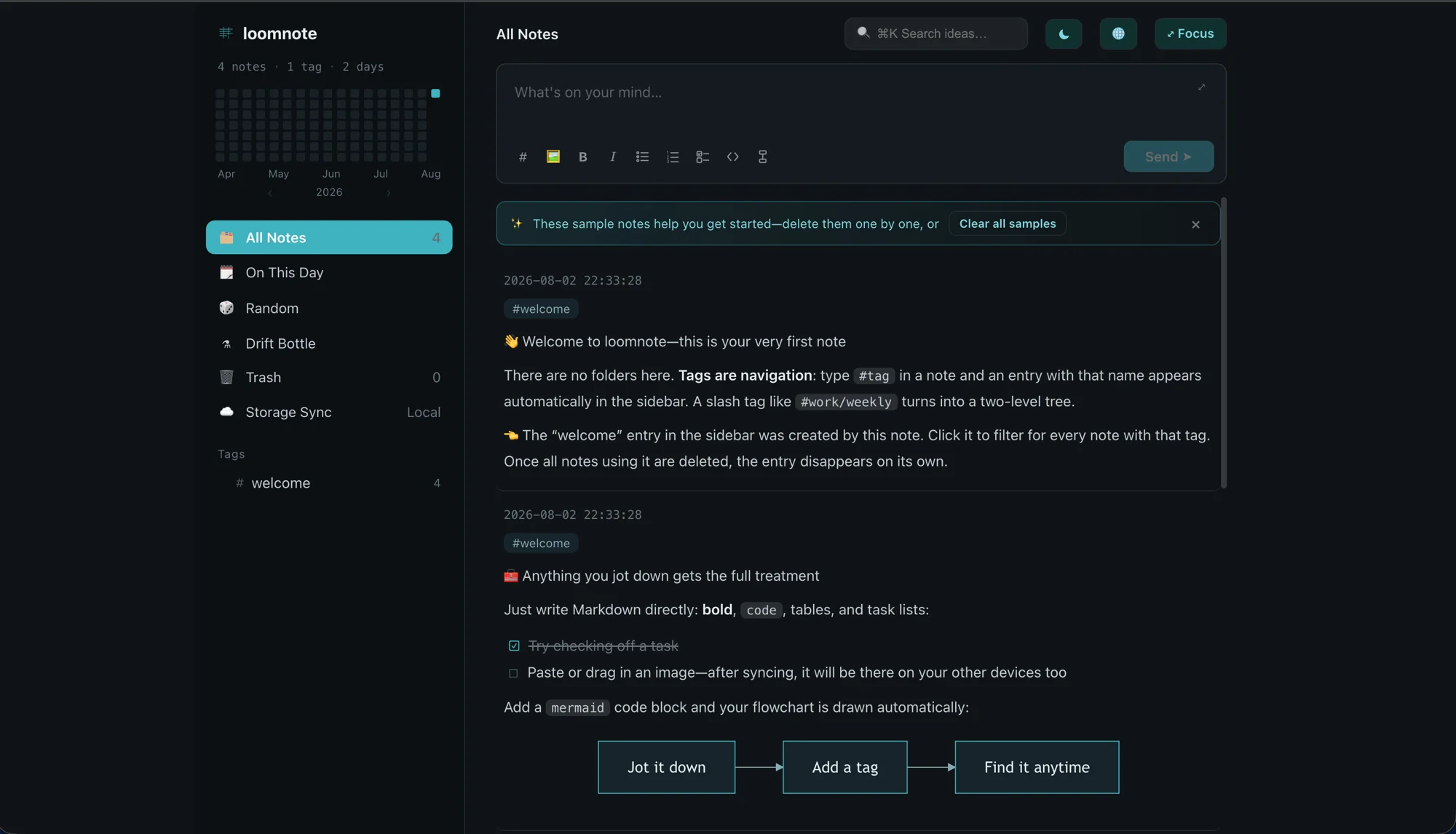Loomnote — tag sidebar, activity heatmap and a reverse-chronological card stream with an always-on composer