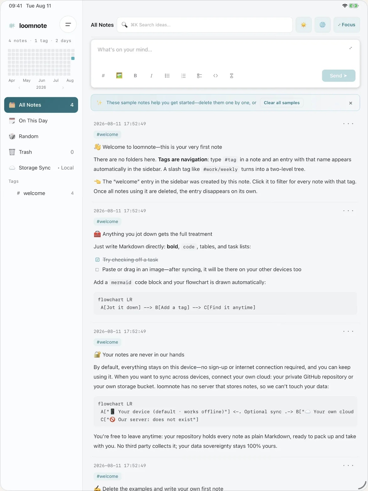 Loomnote on iPad — tag sidebar, activity heatmap and a reverse-chronological card stream with an always-on composer