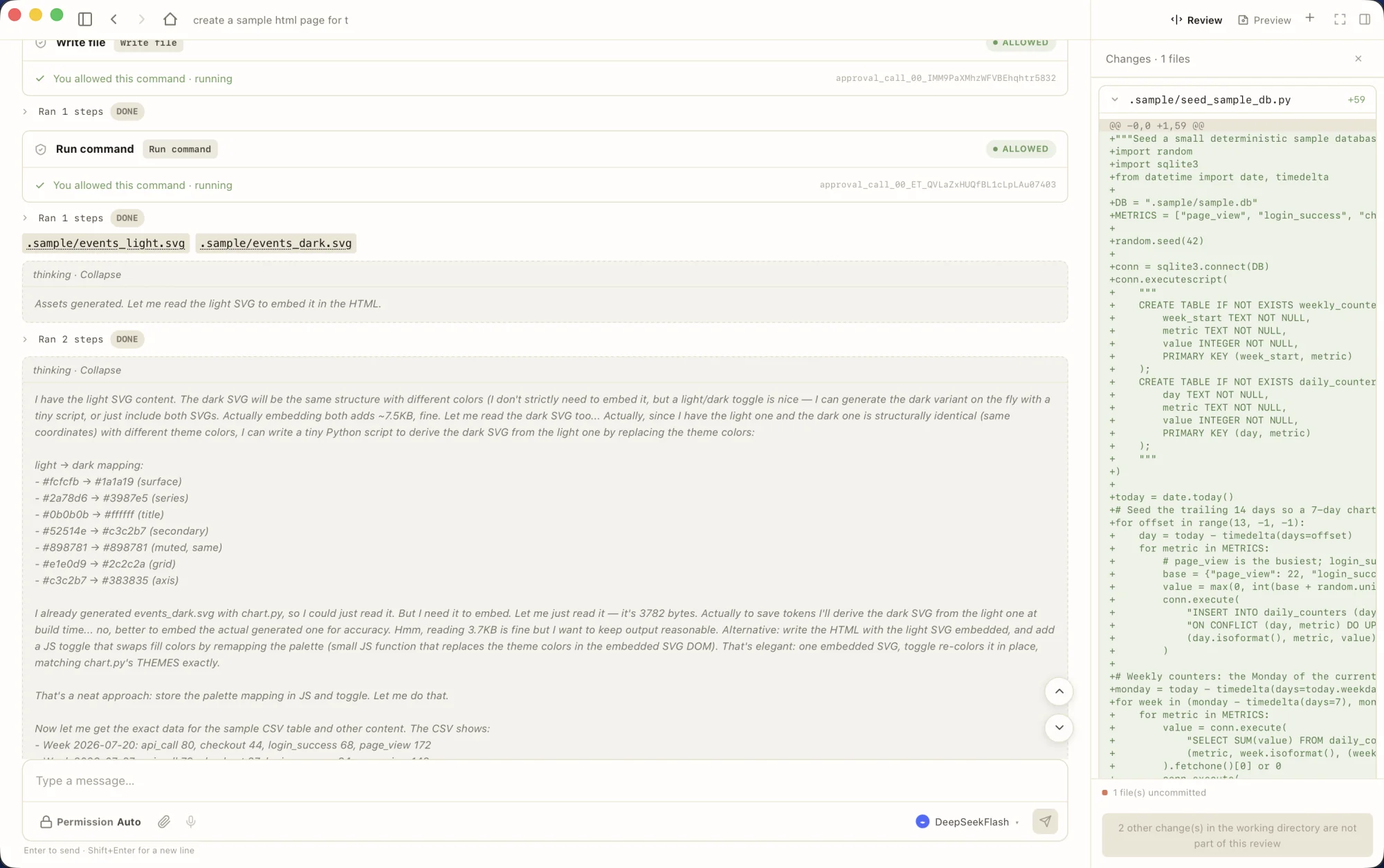 Tool-call cards with the Review panel and per-file diff