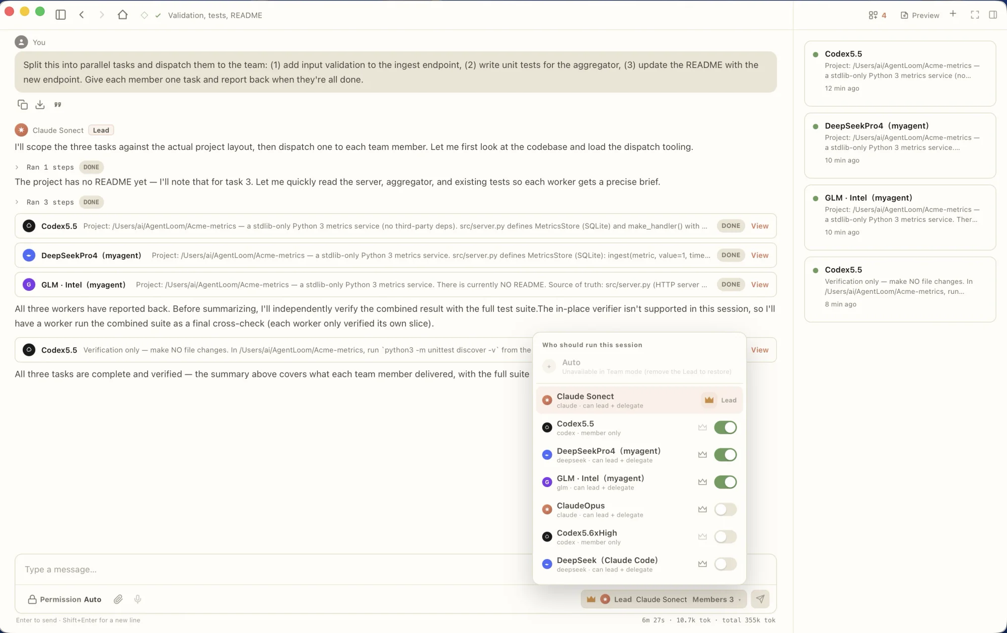 Team mode — a lead agent dispatching members in parallel